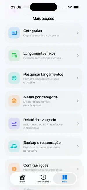 Mais opções do Finture