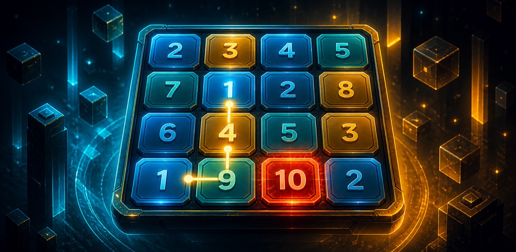 Tabuleiro do Make10 com pedras numeradas e uma combinação que chega a 10